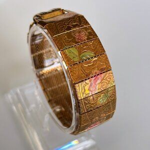 1950s Tri-Gold Tone Floral Etched Panel on Mesh Bracelet 7" Pink Green Vintage